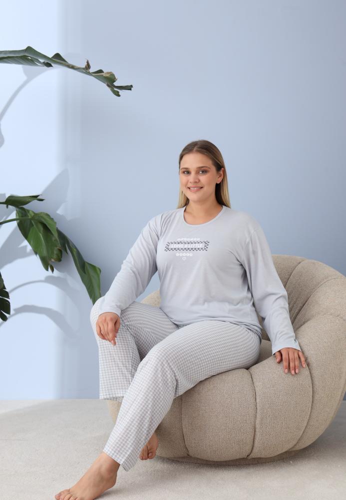 Pijama Dama ,Big Size ,'LEAVE A LITTLE" cu Pantloni si Maneca lunga, Culoare Bleu,Engros